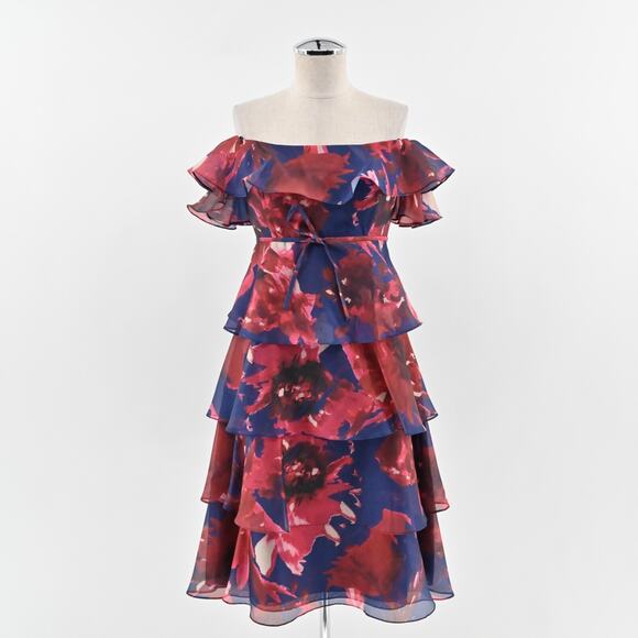 RICKIE FREEMAN TERI JON Tiered‎ Cocktail Dress Sz 6 Blue Floral Off The Shoulder - Picture 1 of 11